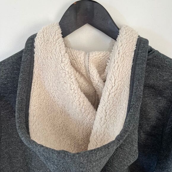 Roots Dark Grey Asymmetrical Zipper Tunic Length Sherpa Lining Hooded Sweater - Picture 10 of 10